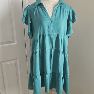 Umgee, Hazel Blues Johnny Short Dress Sz Lg. Tiered Collar Flowie Flutter Sleeve